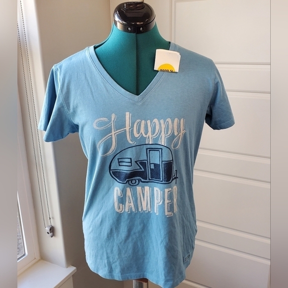 NWT LIFE IS GOOD V-NECK T-SHIRT CLASSIC FIT HAPPY CAMPER TRAILER BLUE WOMEN S - Picture 1 of 11